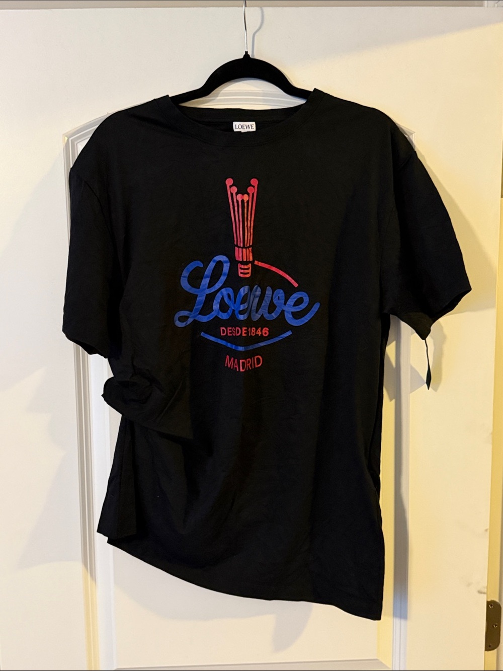 Loewe Black T-Shirt with Blue Script and Red Logo Accents